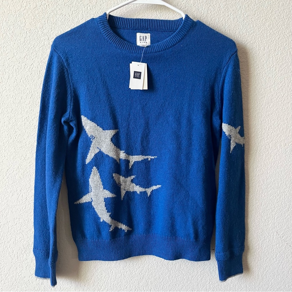 NWT GAP Kids Blue Knit Shark Preppy Wool Blend Crewneck Sweater Sz 10